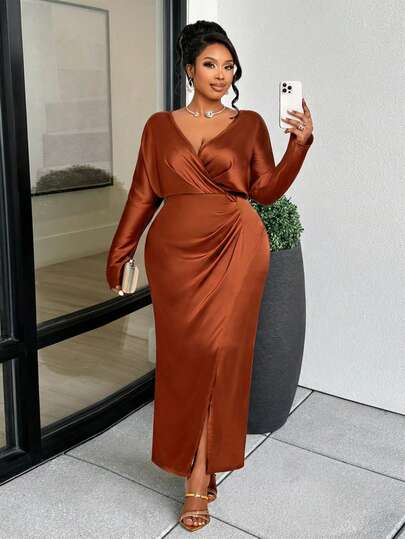 BIUBIU Elegant Plus Size Brown Satin Dress, Deep V-Neck, Long Puff Sleeves, Ruched Design, Front Slit, Fitted Silhouette
