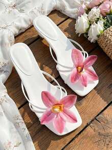 planare 新款3D粉色花朵装饰高跟凉鞋,优雅低跟高跟鞋,适合海滩、派对、约会和婚礼季,可搭配比基尼、连衣裙,夏季时尚优雅高跟凉鞋,新娘高跟鞋 - 白色加粉色花 - 查看 7