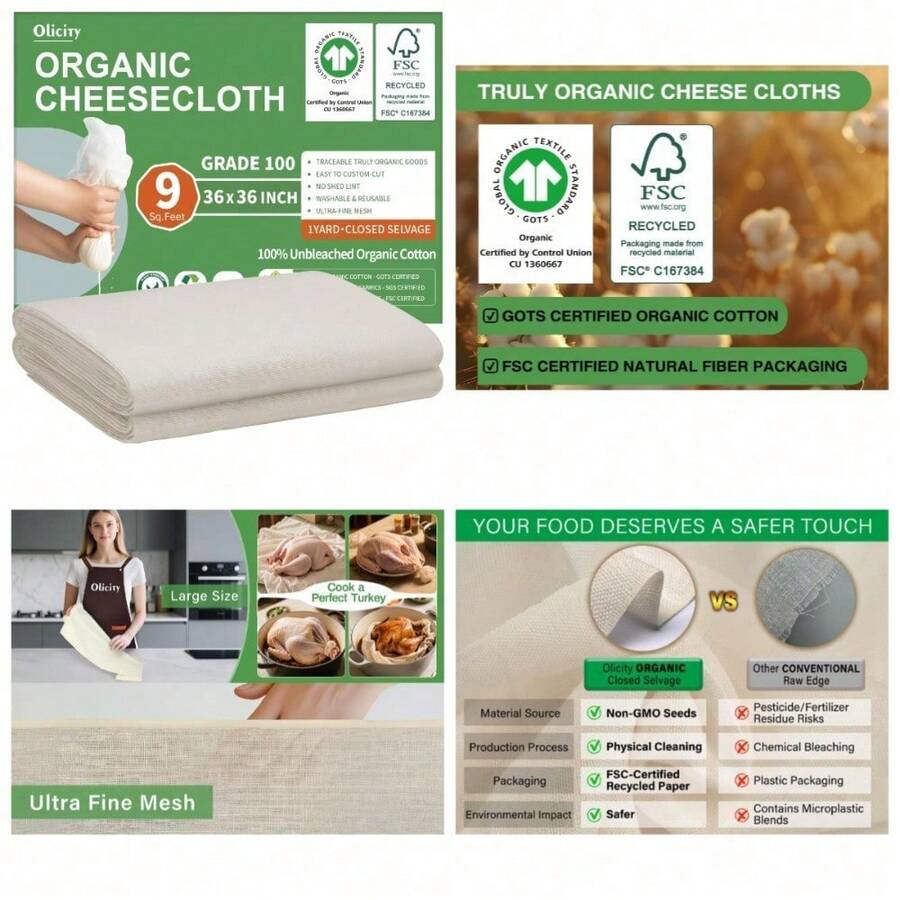 Reusable Unbleached Organic Cotton Cheesecloth Certified Grade 100 Fine Mesh Fabric With Closed Edges 36x36 Inch For Straining Cooking Crafts 9 Sq Ft - 1 - View 1