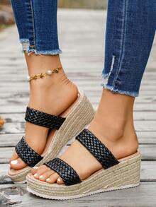 Women's Straw Wedge Rope Open Toe Slippers, Thick Sole Elevated Summer Outdoor Sandals - Black - View 2