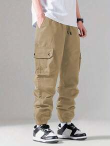 Shendy Vendy Pantalones Jogger Con Puños Y Cintura Elástica Con Cordón Y Bolsillos Inclinados Sueltos Para Hombre - Café integral - Ver 4