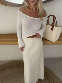 Women's New Style White Large Crew Neck Long Sleeve Hollow Slim-Fit Pullover Sweater, Casual Fashionable Sexy Elegant Minimalist Basic Vacation Party Beach Valentine's Day Going Out Knit Top, Spring And Summer - White - View 6