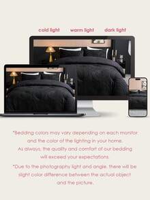 2/3件套刺绣毛绒被套套装 - 柔软蓬松的人造毛皮被套，透气舒适，奢华柔软，包含1个刺绣被套和1/2个枕套，通过Oeko-Tex认证，黑色 - 黑色 - 查看 9