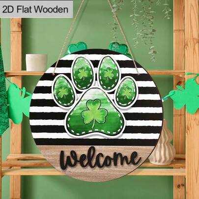 1件装 2D 圣帕特里克节三叶草爪印木质挂牌，8英寸圆形黑白条纹欢迎牌，节日前门装饰，家居墙面挂饰，爱尔兰幸运符装饰牌和摆件