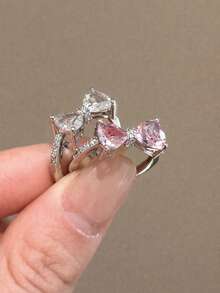 1pc Pink Rhinestone Bowknot Ring, Unique Design Pink Heart Fashion Adjustable Midi Ring For Women - White - 查看 4