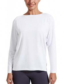 ¡RecomendadoPioneer Camp - Camisas de entrenamiento de manga larga de viscosa de bambú para mujer, espalda holgada, para yoga, atlética, camisetas casuales con cuello náutico¡Top de Temporada - Azul agua - Ver 4