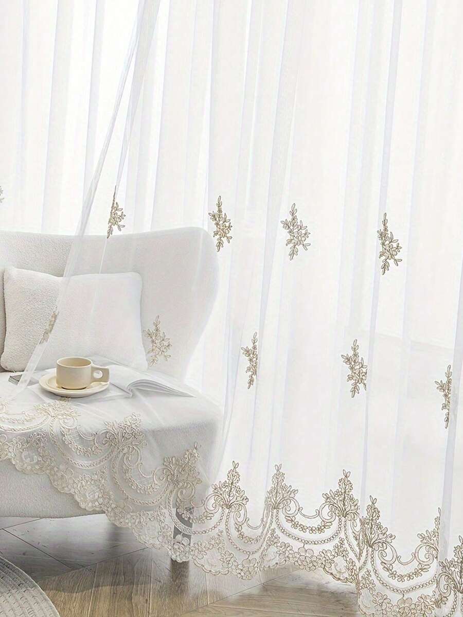 1件欧式蕾丝刺绣半透明窗帘，白色刺绣薄纱窗帘，适用于客厅、卧室、餐厅、阳台 - 彩色 - 查看 1