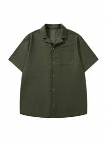 LOOKUN 纯色复古风男士 Polo 衫，时尚优雅商务休闲度假宽松版型纽扣半开襟翻领上衣，LOOKUN 春夏款 - 軍綠色 - 查看 5