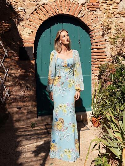 Faeriesty Printed Elegant Mermaid Evening Dress, Square Neckline With Lantern Sleeves, Decorated With Multicolor Floral, Ruffle Trim And Fishtail Hem, Suitable For Wedding, Garden Party, Afternoon Tea And Outdoor Wedding