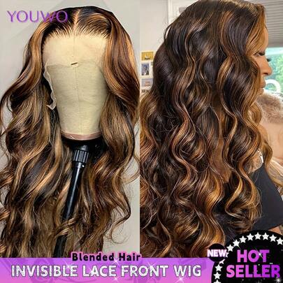 34英寸蜂蜜金渐变蕾丝前假发，挑染水波纹蕾丝前假发，混合真人发丝，预先拔毛，200密度，13x4高清蕾丝前假发，女士款，4/27色