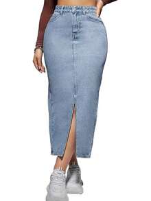 女士休闲优雅长款牛仔裙，开衩设计，中等弹力面料 - 藍色 - 查看 3