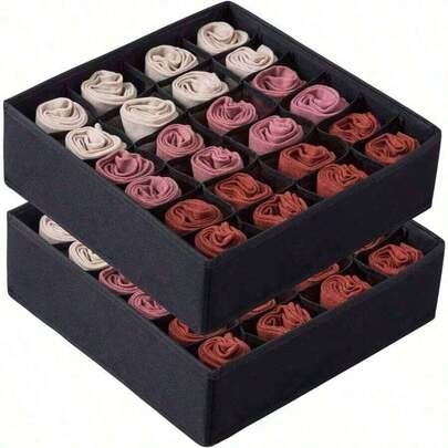 2 Pack Socks & Underwear Drawer Organizer Dividers, Collapsible Boxes With 24-Cell Or 16-Cell Compartments, Closet Organizer For Lingerie, Ties & Small Items, Space-Saving For Bedroom Dorm