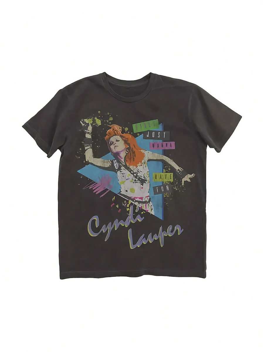 Cyndi Lauper " Just Wanna Have Fun" Vintage 80s Music T-Shirt - Iconic Song & Iconic Face Graphic, 180gsm Retro Tee, Unisex Casual Wear For Concerts, Parties, Everyday Outfits (For Women & Men) - màu đen - Xem 1