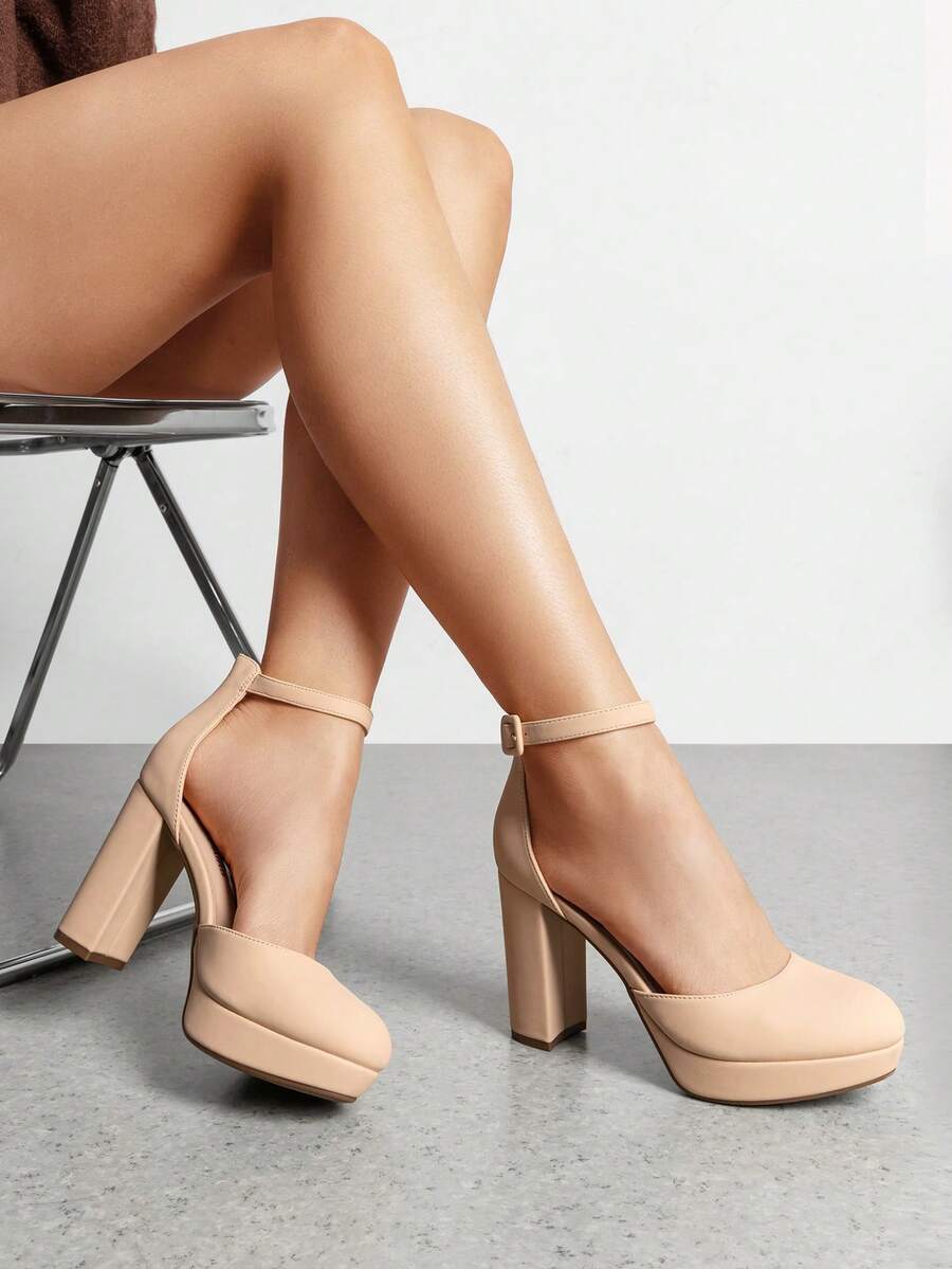 Women's Platform Chunky High Heels Closed Toe Block Ankle Strap Dress Bridal Party Wedding Shoes - 杏色 - 查看 1