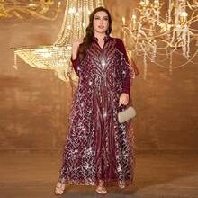 UNITHORSE Women V-Neck Long Sleeve Belted Sequin Mesh Dress - Burgundy - View 7