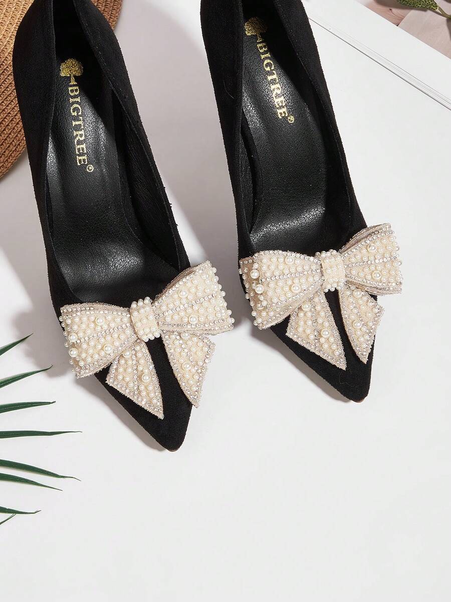 1 par de nuevos clips decorativos para zapatos con lazo de perla, decoraciones para zapatos DIY con perla y diamante de imitación - Albaricoque - Ver 1