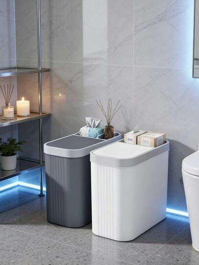 Narrow Hands-Free Trash Can With Lid For Bathroom Toilet Paper Slim Garbage Bin Minimalist Design Space-Saving Waste Basket Plastic Container Perfect For Small Bathrooms Bedrooms Kitchen Offices Home Storage Organization Solution