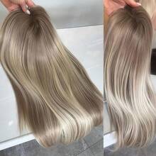 13x4 超高清透明蕾丝前假发，月光雾灰金渐变棕色，100% 真人发，180% 密度，即插即用，无需胶水，长直发，深色发根，灰金棕色，22 英寸 - SP27/613 - 查看 7