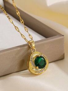 一套不锈钢吊坠项链和耳环首饰套装，女士百搭奢华优雅全钻设计项链和耳环首饰，礼品配饰 - 綠色 - 查看 2