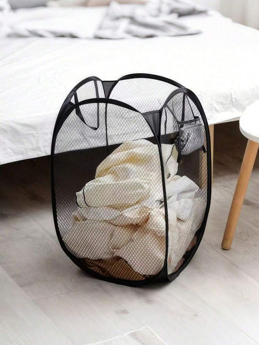 Black Foldable Laundry Hamper With Multi-Pocket Organizer - Large Capacity Mesh Fabric Basket, Collapsible Storage Bin With Handles For Dorm, Apartment, Bedroom, Bathroom | Space-Saving Closet, Wardrobe, Linen Organizer, Portable Clothes Basket - 黑色 - 查看 1