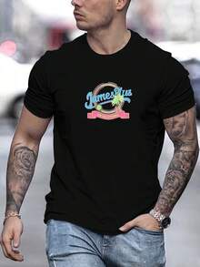 Camiseta de Algodón con Estampado Gráfico James Plus para Hombre - Camiseta Básica de Cuello Redondo 100% Algodón con Ligera Elasticidad. Color sólido. Top de punto casual de verano - Negro - Ver 7