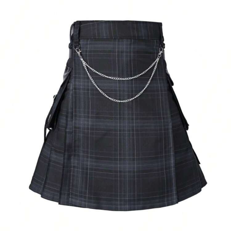 New Arrival European And American Popular Scottish Pleated Kilt, Oversized Half Leather Pocket Plaid Design, Gray Plaid, Suitable For Traditional Festivals, Casual Wear, Parties, Weddings, Halloween, Highland Games - Grey - View 4