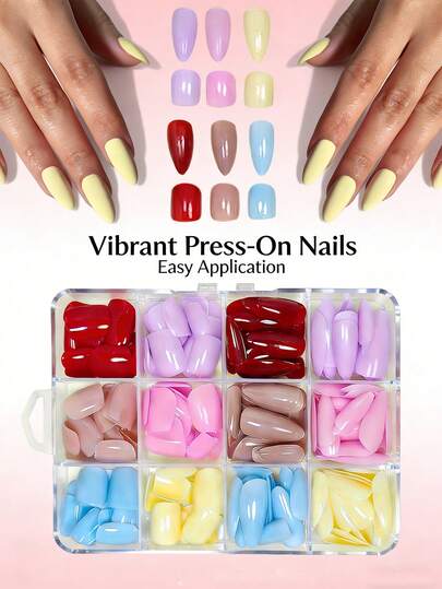 288pcs Short Square & Almond Shaped Nail Stickers Set, Elegant Blue, Luxury Light Yellow, Cute Pink, Refined Purple, Graceful Brown, Romantic Burgundy, Fashionable Nude Pink, Suitable For Women & Girls, Enhance Your Stylish Look