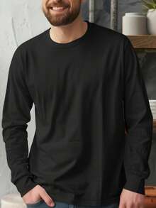 3Pcs/Pack Men's Long-Sleeved Tee, 100% Cotton Crew Neck T-Shirt, Spring & Fall OOTD For Men, Gender-Neutral Solid Color Daily Top, Ideal For Campus, Office And Outdoor, Boyfriend Birthday Gift, Sized From XS To XXXL - 黑色+海軍藍+深灰色 - 查看 2
