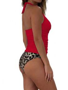 OMKAGI Women's Halter High-Waisted Swimsuit Set  Sexy V-Neck And Ruched Abdomen Slimming High-Cut Two-Piece Swimsuit - 紅色豹紋 - 查看 6