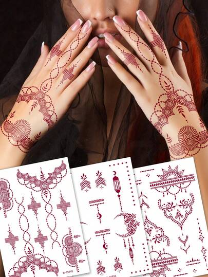 3pcs Red Henna Flower Pattern Temporary Tattoo Stickers - Mehndi Design Temporary Tattoo Stickers For Parties And Festival Body Art