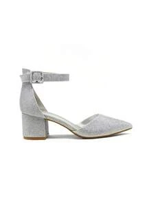 Women Pointed Toe Low Chunky Heels Pumps Ankle Strap Elegant Versatile Simple Shoes - 銀色 - 查看 5