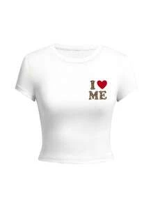 两件装女士圆领短袖T恤，美式辣妹风格，夏季新款豹纹印花字母图案，时尚百搭修身露脐上衣 - 白色+黑色 - 查看 3