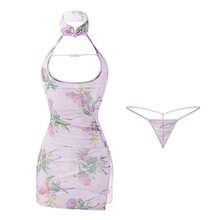 1pc Alluring Floral-Print Halter Dress In Classic Purple, Featuring A Body-Skimming Cheongsam Silhouette With High Thigh Slit & Bust-Enhancing Sweetheart Neckline For A Romantic Summer Date Night, Honeymoon Escape Or Valentine's Evening. - 紫色 - 查看 5