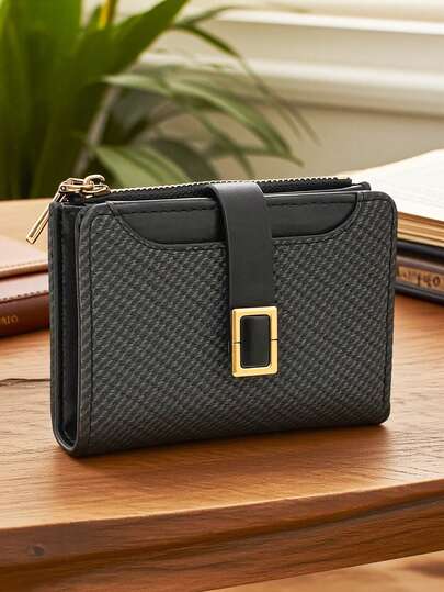 Women's Short Contrast Color Patchwork Wallet, Fashion Textured Woven Purse Multi-Function Card Holder Pouch, Elegant Snap Closure Young Student Large Capacity Zipper Coin Purse, Lightweight Stylish Convenient Carry, Suitable As Holiday Gift