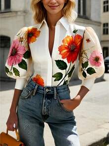 Basic, Minimal, Fashion, Regular, Refined, , Polished. Spring. Daily, Street.  Stylish Floral Top - Perfect For Everyday - 米色 - 查看 1