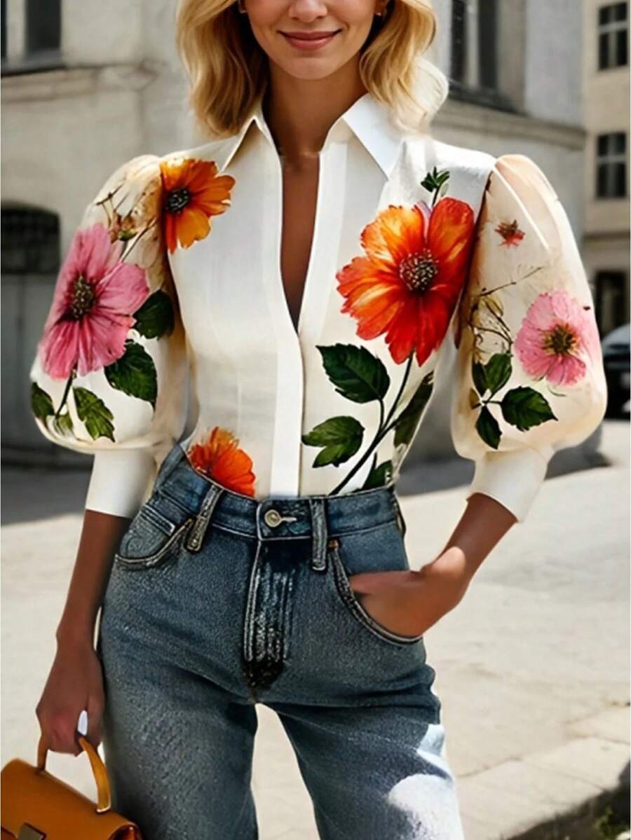 Basic, Minimal, Fashion, Regular, Refined, , Polished. Spring. Daily, Street. Stylish Floral Top - Perfect For Everyday - 米色 - 查看 1
