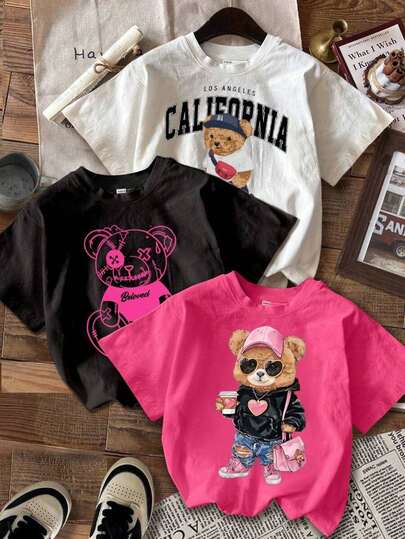 Conjunto de 3 piezas de camisetas de ajuste ceñido con cuello redondo, manga corta y estampado de oso adorable, informal, para mujer en verano