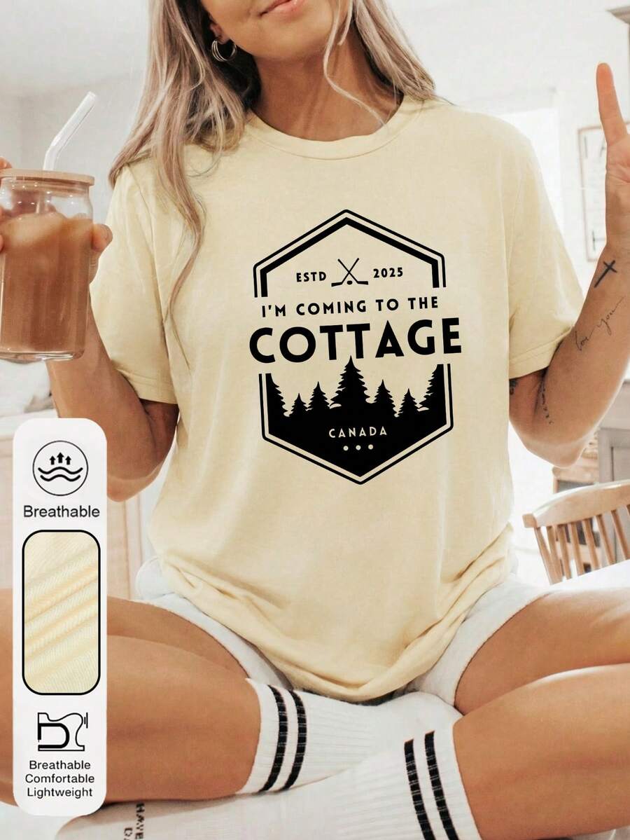 女士日常激烈比赛主题图案圆领短袖休闲夏季女式上衣，曲棍球图案女士杏色T恤 - 杏色 - 查看 1