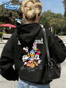 Disney Women's Hooded Sweatshirt Features A Double-Sided Print Of Mickey And His Friends In Lettering Cartoon Style Autumn/Winter Hooded Sweatshirt Soft, Comfortable, And Warm Fabric A Staple For Autumn/Winter Outfits Perfect For Everyday Casual Wear, Travel, Or Shopping Also Makes An Ideal Gift - 黑色 - 查看 3