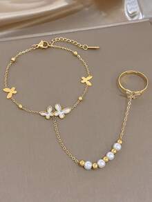 1Pc 18K Gold Plated Elegant Butterfly Finger Chain Bracelet, Women's Hand Stainless Steel Jewelry, For Valentines, Party, Gala, Daily, Dating, Mardi Gras, New Years, Wedding, Beach, Christmas Anniversary, Elegant Mom Gift Boho Jewelry Birthday Bridesmaid Gift - Multicolor - View 6