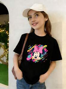 Disney Minnie Mouse Girls' Printed T-Shirt - Lightweight Stretchy Fabric, Fun Minnie Design, Play & Casual Outfit For Kids 2-14 | Express Delivery - 黑色 - 查看 1