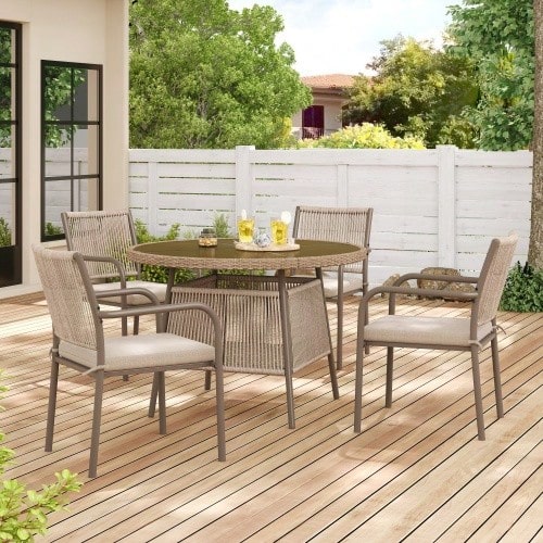 Modern Rattan Garden Furniture Set, Including A Round Glass Table And Four Armchairs, With An Iron Frame. Ideal For A Terrace, Balcony Or Patio. - Mocha Brown - View 1