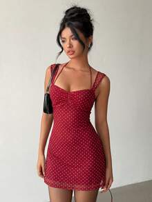 女士性感红色波点褶皱露背交叉绑带紧身迷你连衣裙，适合派对、夜店、优雅时尚、晚宴约会、休闲、波西米亚风等场合。 - 紅色 - 查看 4