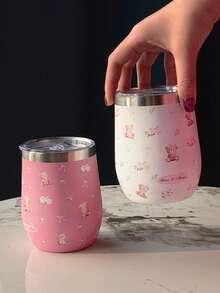 BENNY Cute Bear & Pink Rose Stainless Steel Tumbler, 12oz Travel Mug With Clear Lid & Bow Design | Valentine's Day, Mother's Day, Birthday, Christmas Gift For Her, Women, Girlfriend, Daughter, Teen Girl - Multicolor - View 1