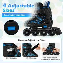 Adjustable Kids' Inline Skates 4 Sizes Adjustable Blade Roller With Light-Up Wheels Black + Black/Purple/Blue - màu đen - Xem 4