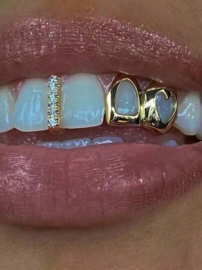 2pcs/Set Hip-Hop Hollowed Out Heart-Shaped Diamond Double Braces, Daily Street Fashion Cool Smooth Gold Teeth