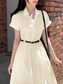 French Style Retro Lapel Single-Breasted Waisted Simple Shirt Dress, Summer Elegant - Apricot - View 3