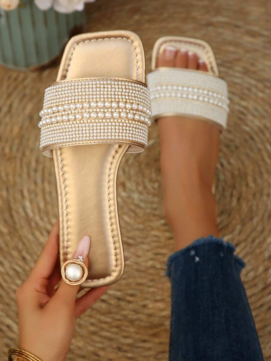 加大码 41 金色女士凉鞋，春夏新品，方头 42 女士平底凉鞋可搭配连衣裙，时尚水钻绑带拖鞋，漂亮女孩夏季沙滩鞋，防滑家居拖鞋，可爱女孩塑料拖鞋 43 - 金色 - 查看 1