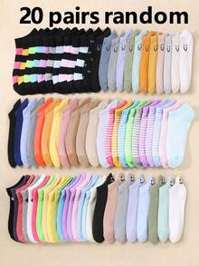 20 pares de calcetines cortos para niños: colores de caramelo, lazo de encaje, estampado de corazón, rayas, suaves y cómodos, casuales y versátiles, calcetines escolares - adecuados para uso diario, surtido de colores aleatorios - Multicolor - Ver 12