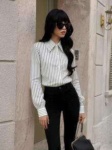 女士优雅黑白条纹长袖衬衫，经典时尚条纹衬衫款式，适合日常休闲穿着、工作办公、商务通勤、学术风格，也可作为时尚内搭，春季服装，春季外出，外套，优雅女士衬衫，度假装，休闲女式衬衫，白色衬衫，春夏款 - 白色 - 查看 3